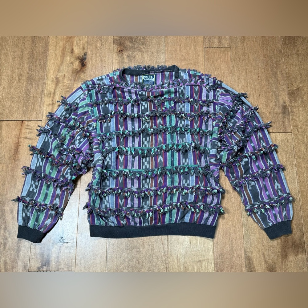 Paula Sweet Muslin Mink Made in USA Vintage Fringe Long‎ Sleeve Top Multicolor M